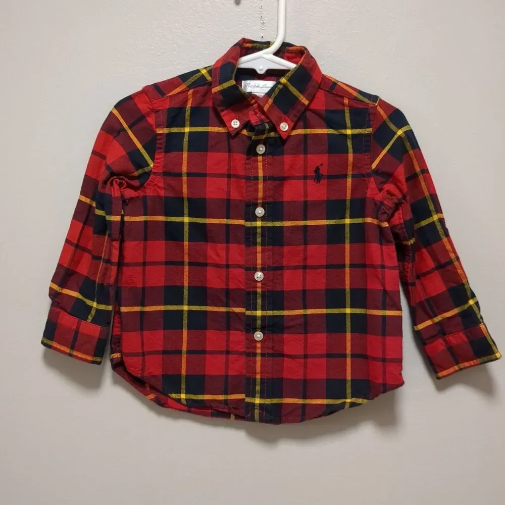 Ralph Lauren Red Black Yellow Plaid Button Down Cotton Shirt Boys Size 18 Months